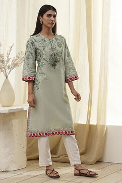 Green Cotton Floral Straight Kurta image number 4