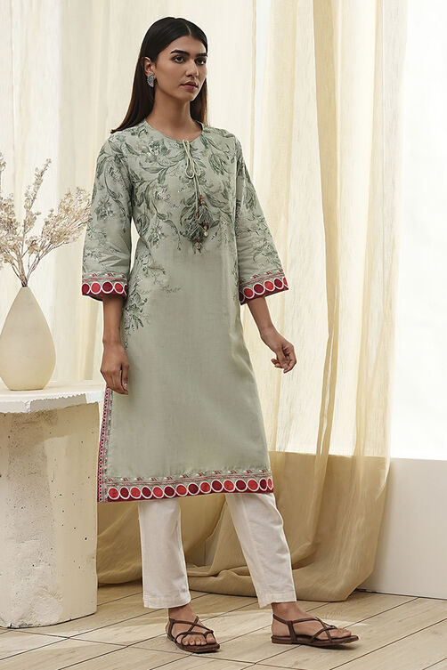 Beige and Blue Cotton Floral Straight Kurta image number 4