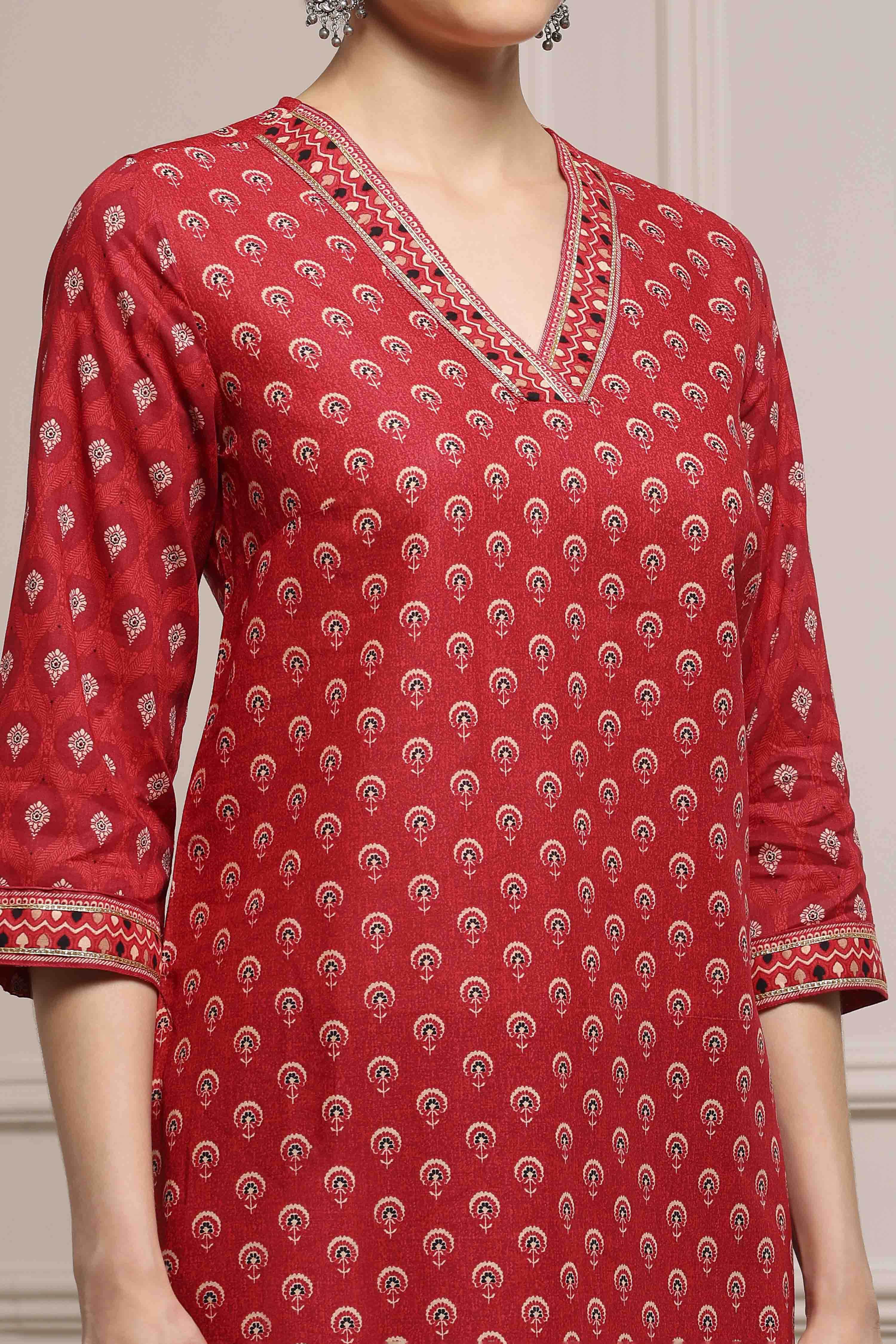 Red Cotton Straight Printed Kurta image number 1