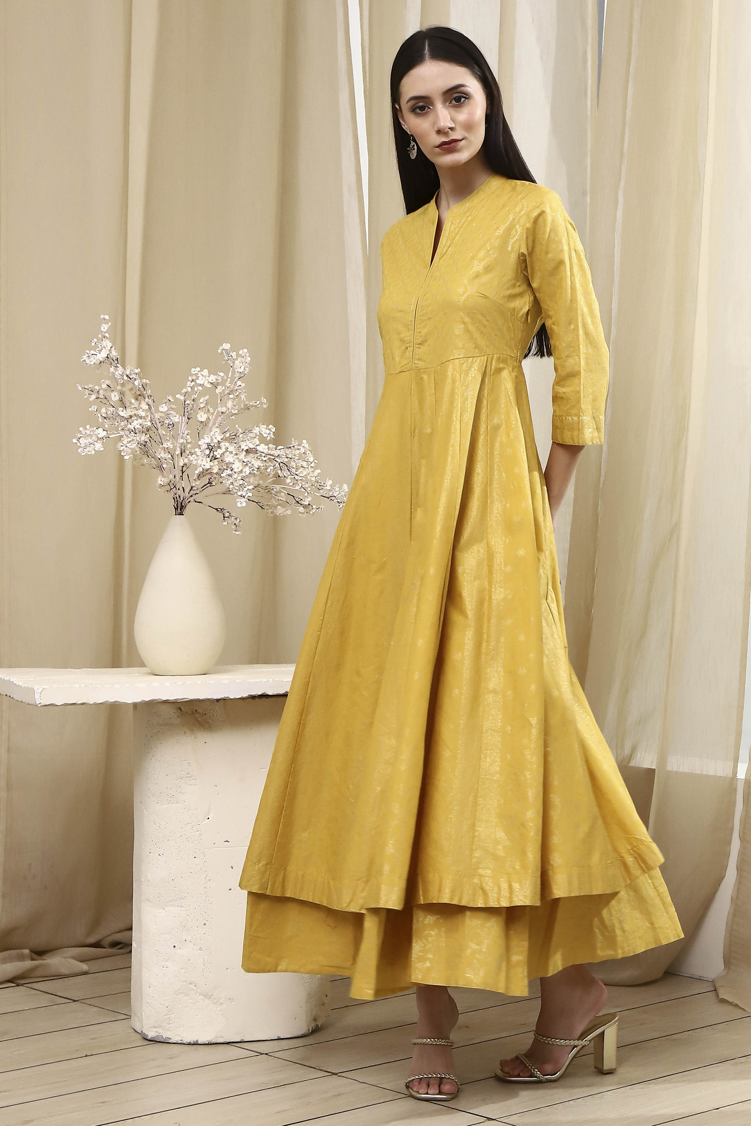 Lime Yellow Cotton Layered Anarkali Dress image number 2