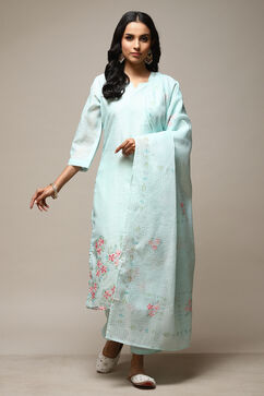 Turquoise Linen Digital Print Unstitched Suit Set image number 8