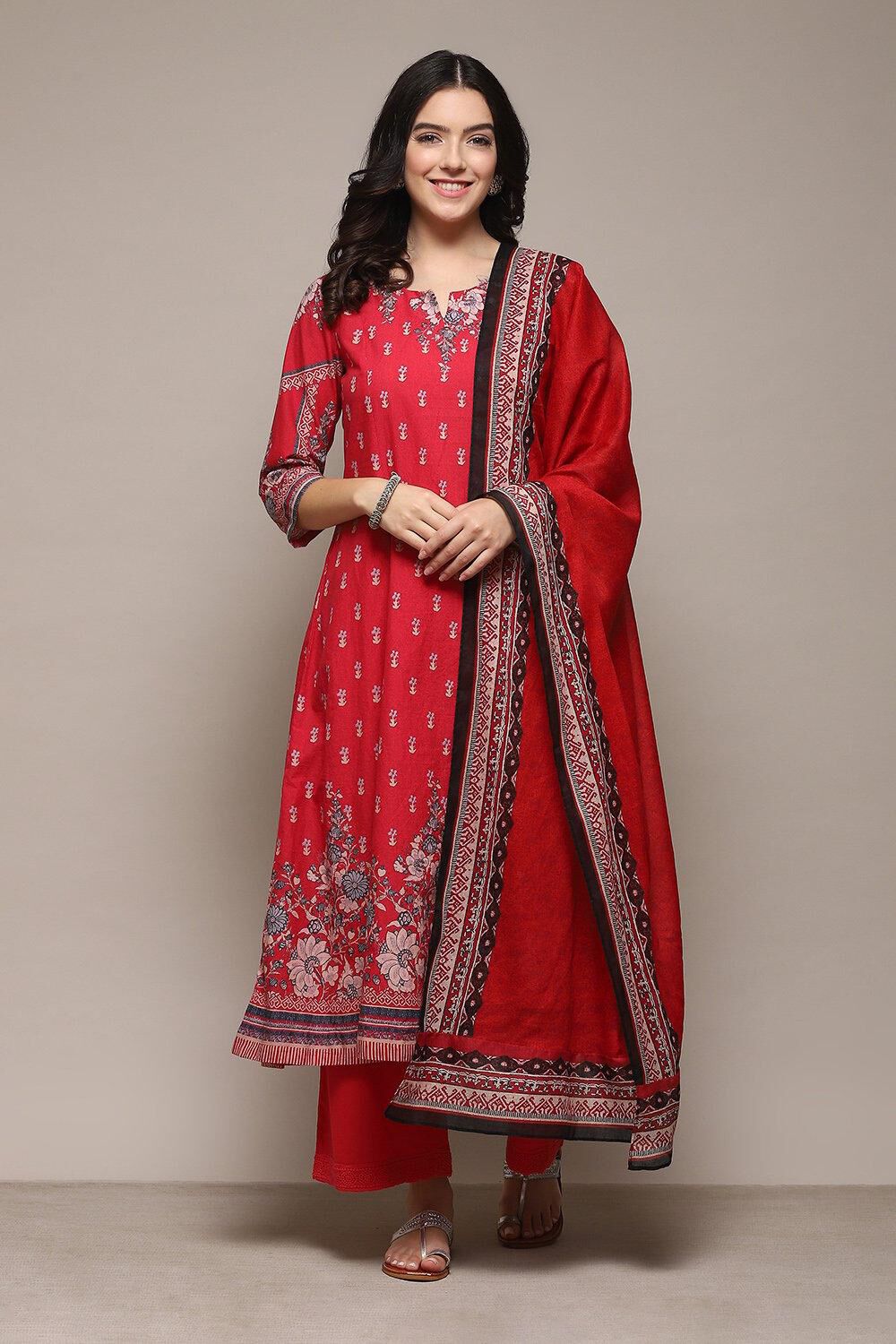 Red Cambric Kalidar Printed Kurta Palazzo Suit Set image number 0