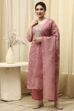 Pink Chanderi Machine Embroidered Unstitched Suit Set image number 7