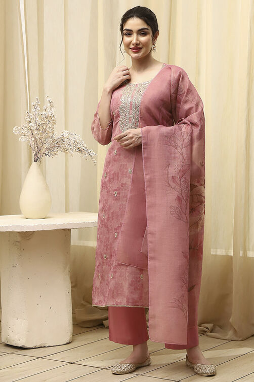 Pink Chanderi Machine Embroidered Unstitched Suit Set image number 7