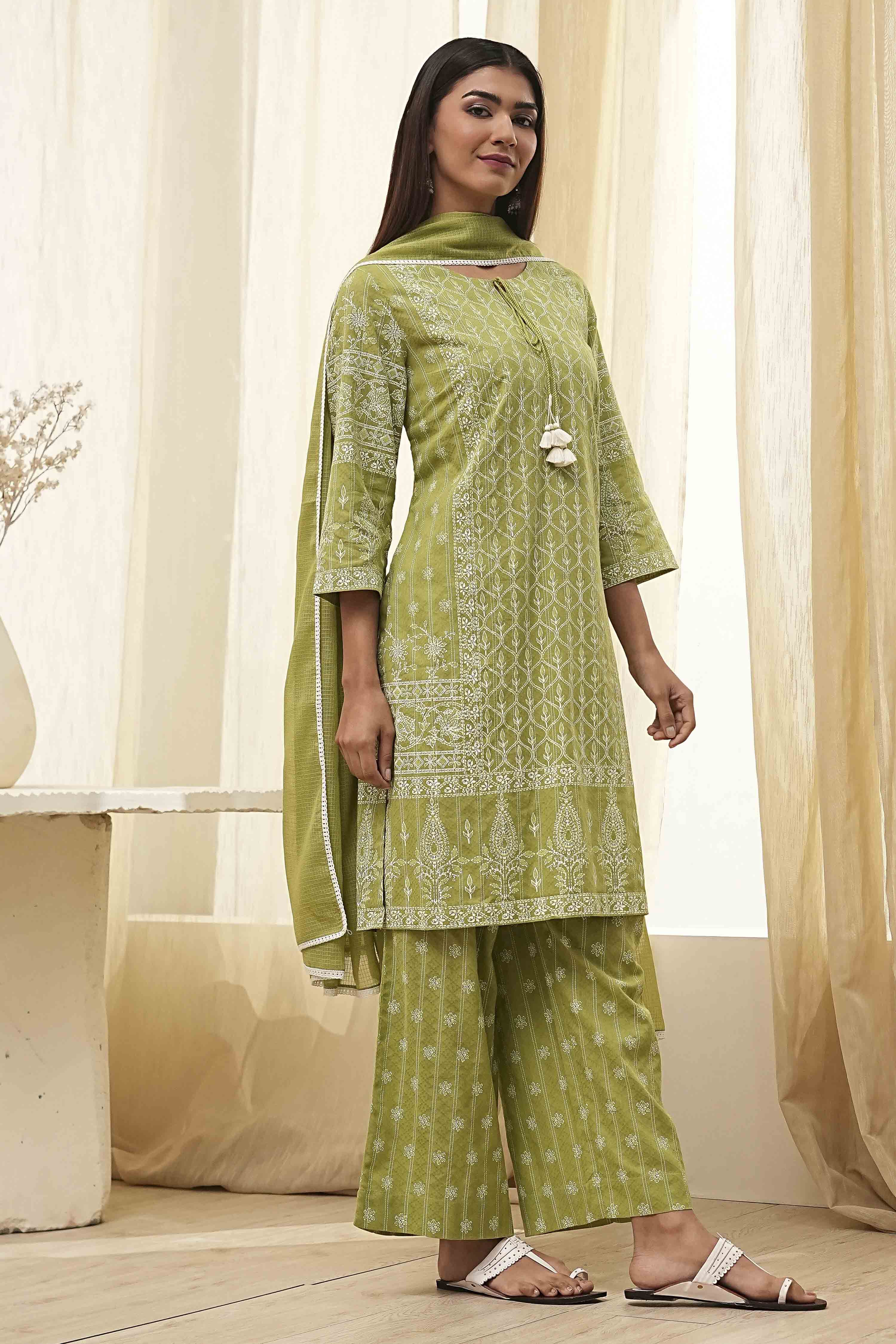 Mehendi Green Cotton Printed Straight Suit Set image number 5