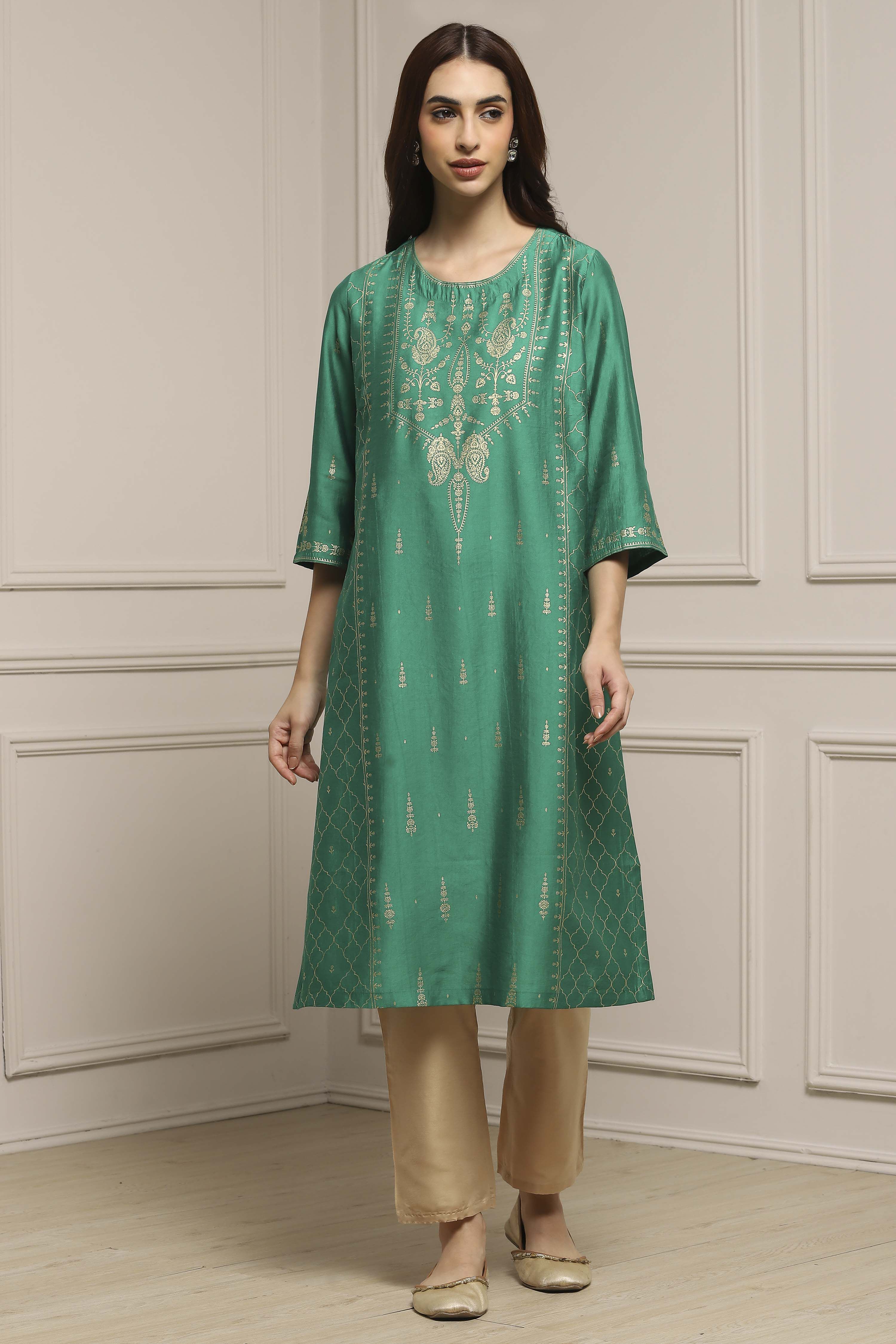 Green Art Silk Printed Straight Kurta image number 0