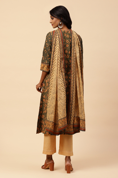 Khaki Cotton Straight Kurta Narrow Palazzo Suit Set image number 7