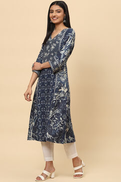 Navy LIVA A-Line Printed Kurta image number 2