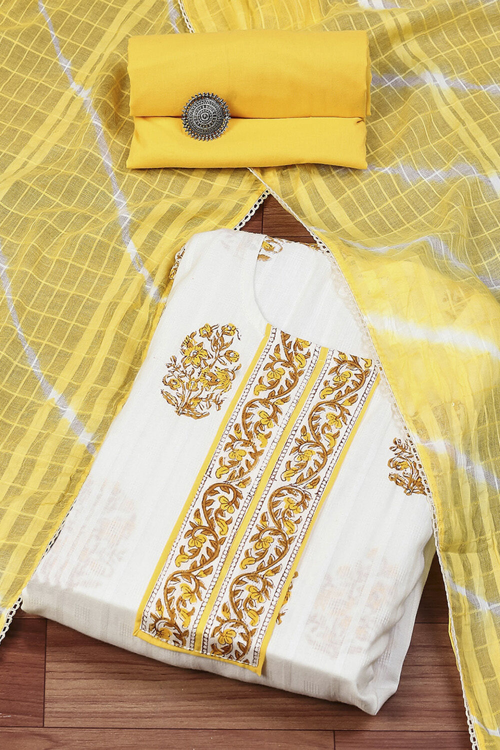 Red Cotton Hand Block Print Unstitched Suit Set image number 0