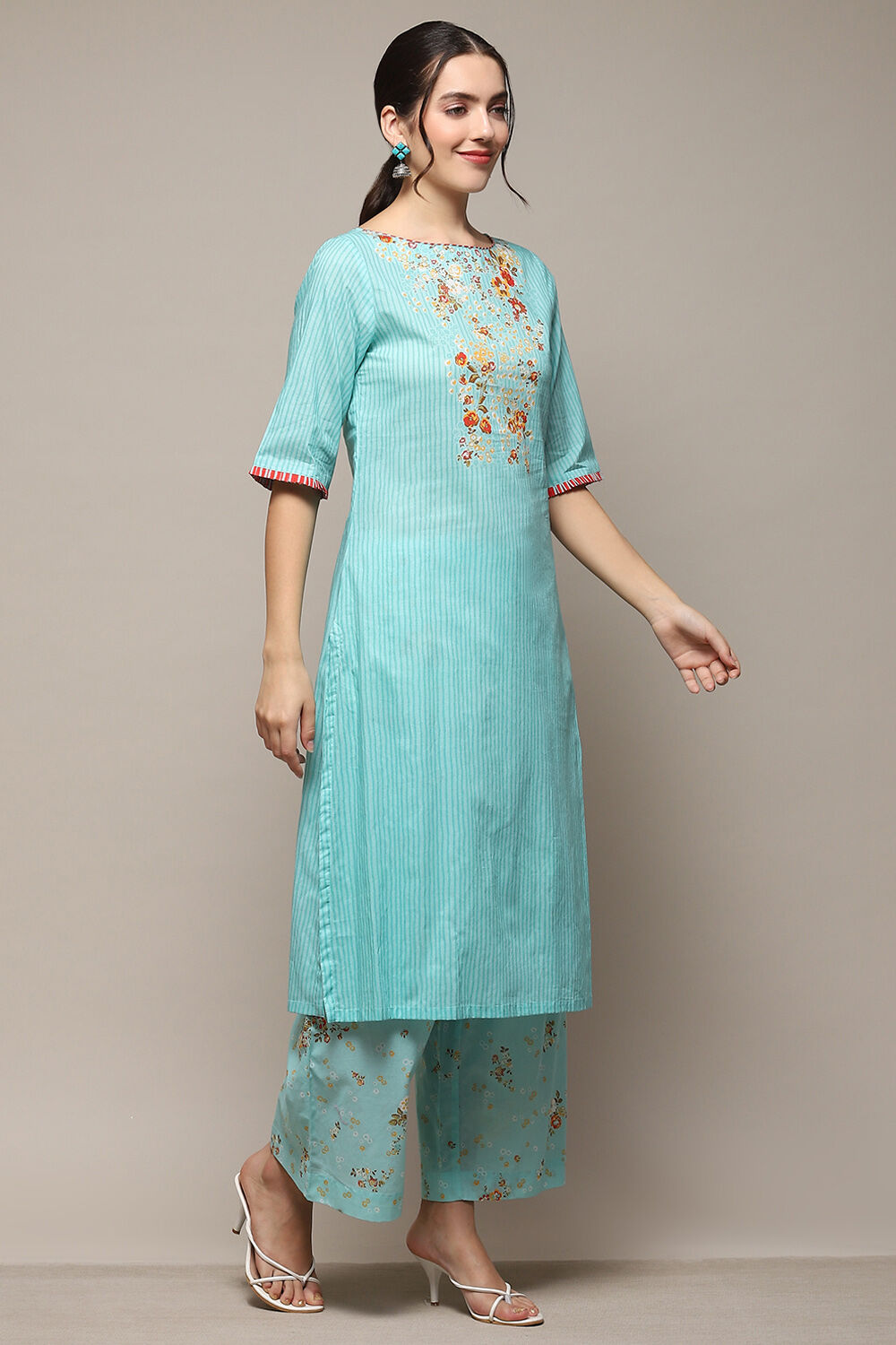 Mint Cambric Straight Kurta Palazzo Suit Set image number 5