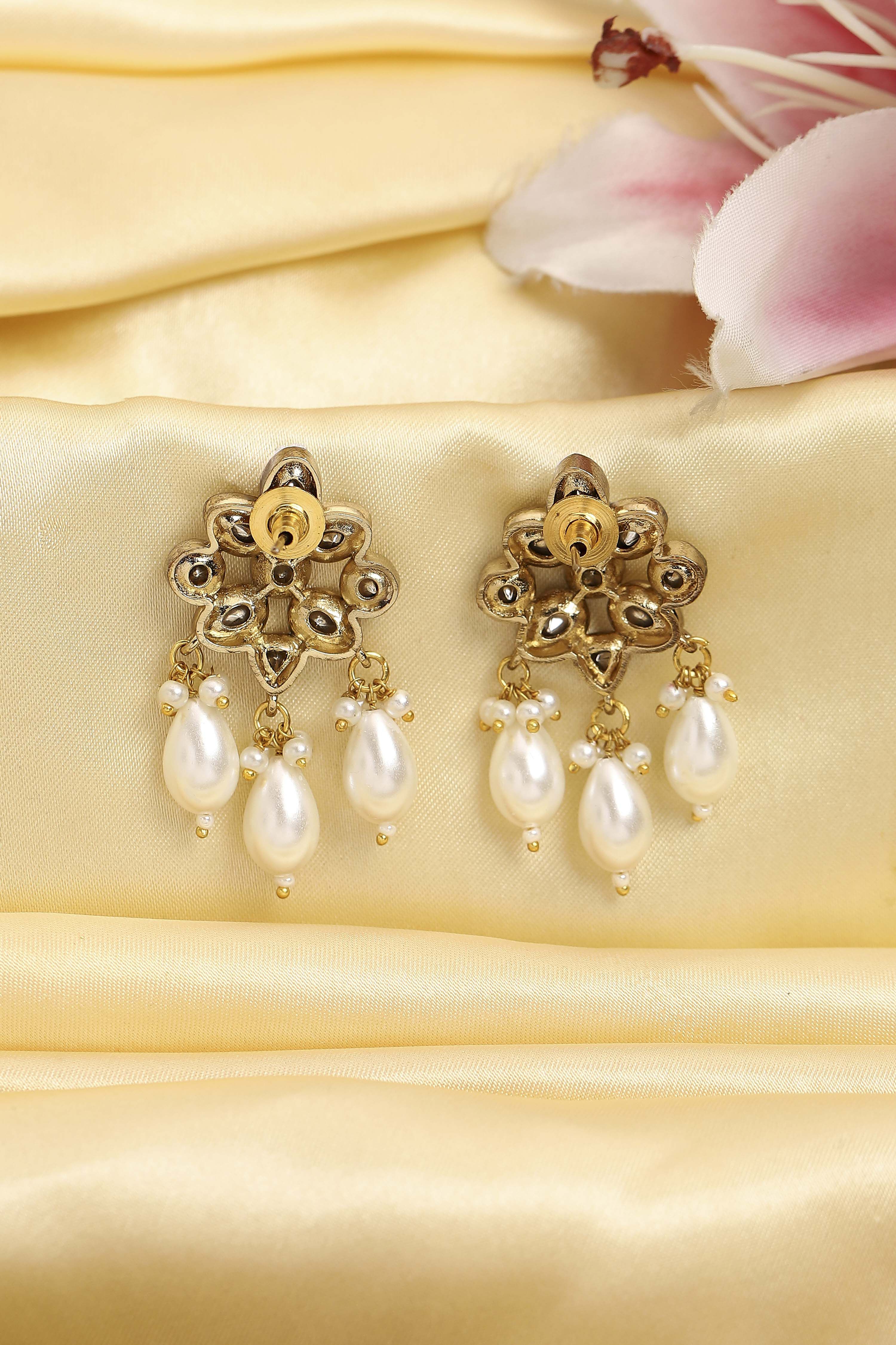 White Gold Plated Brass Studded Drop Earrings image number 2