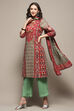 Green and Maroon Cotton Printed Straight Suit Set