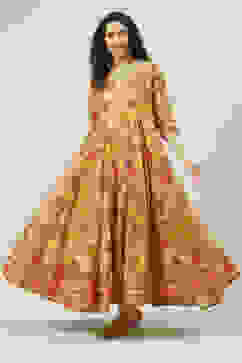 Mustard Poly Cotton Flared Fusion Printed Dress image number 5