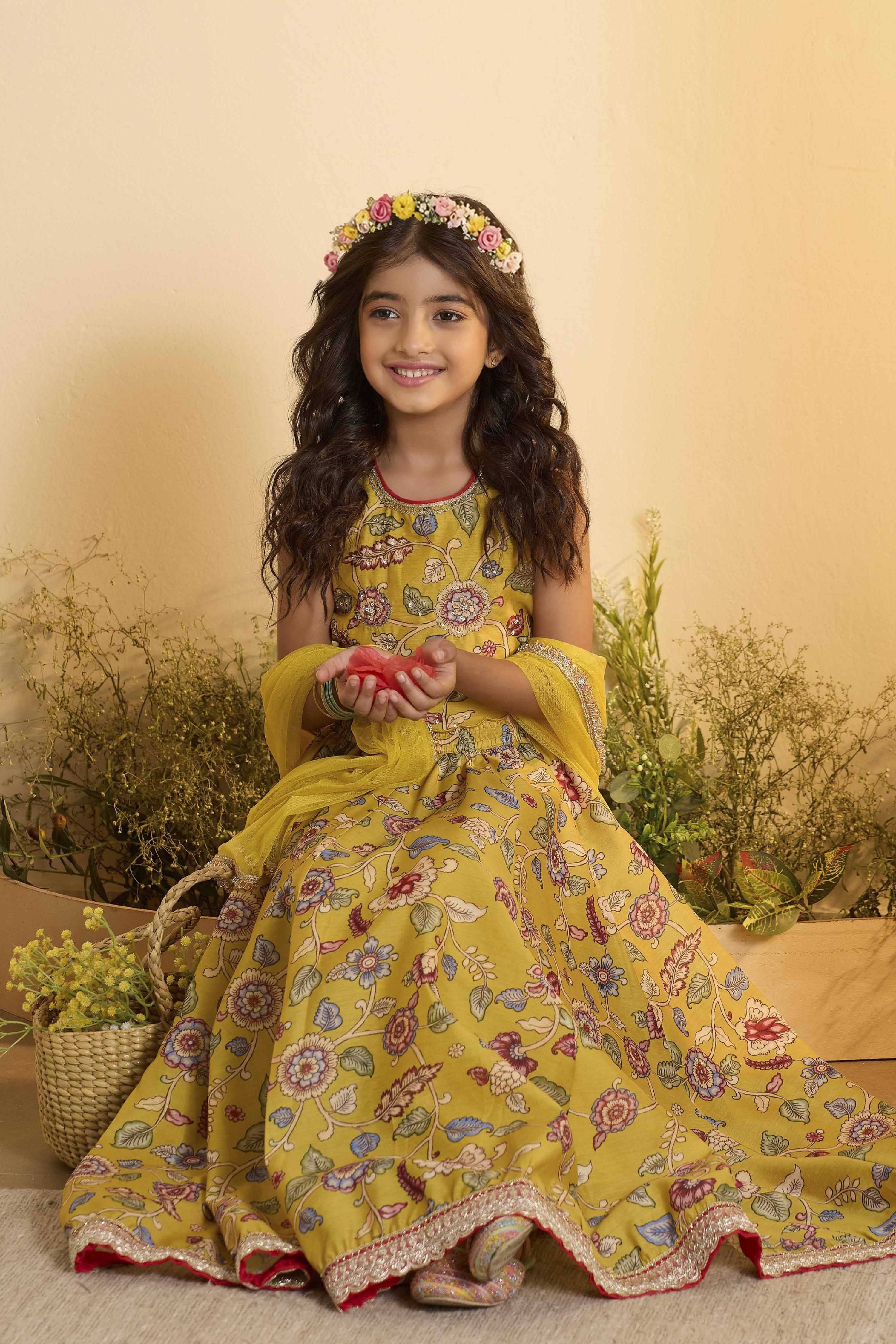 Mustard Yellow Floral Flared Lehenga Set image number 0
