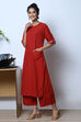 Red Cotton Straight Kurta Flared Palazzo Suit Set image number 4