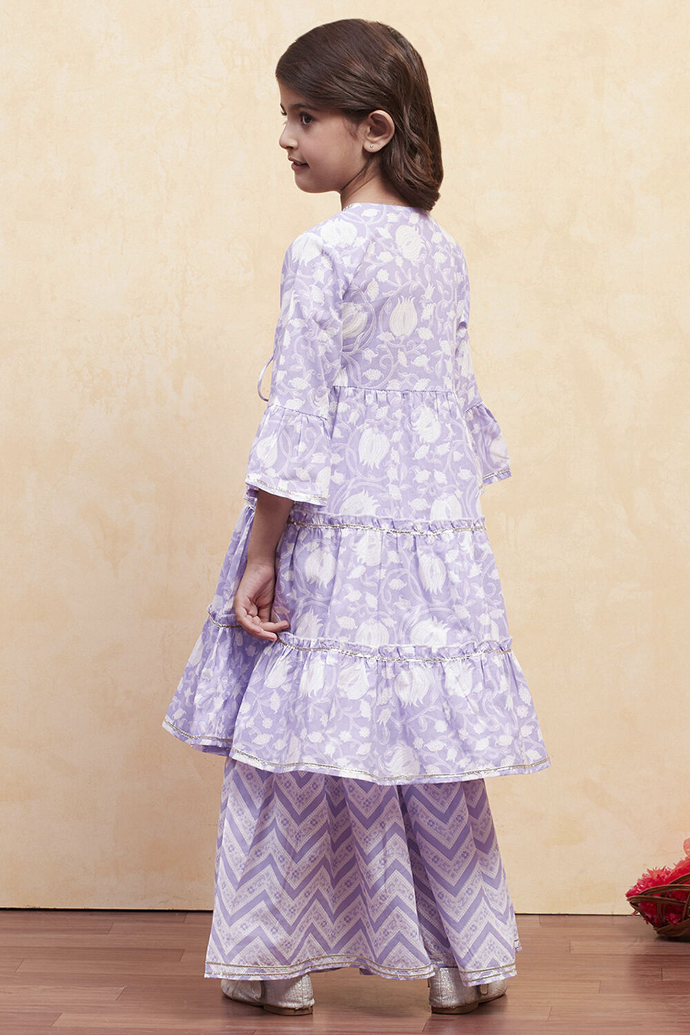 Lilac Cotton Angrakha Tiered Kurta Set image number 4