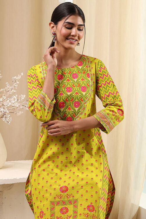 Green Cotton Printed Straight Kurta image number 6
