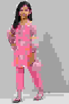 Peach Cotton Straight Printed Kurta Set image number 3