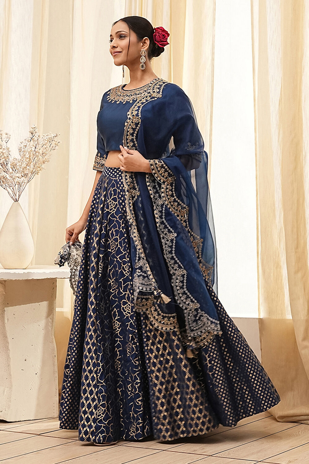Blue Embroidered Festive Lehenga Set image number 3
