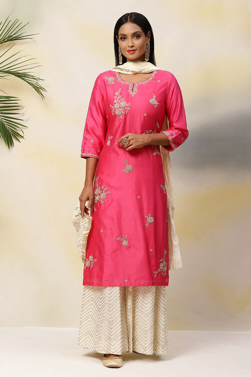 Fuchsia Cotton Silk Straight Kurta Sharara Suit Set image number 4