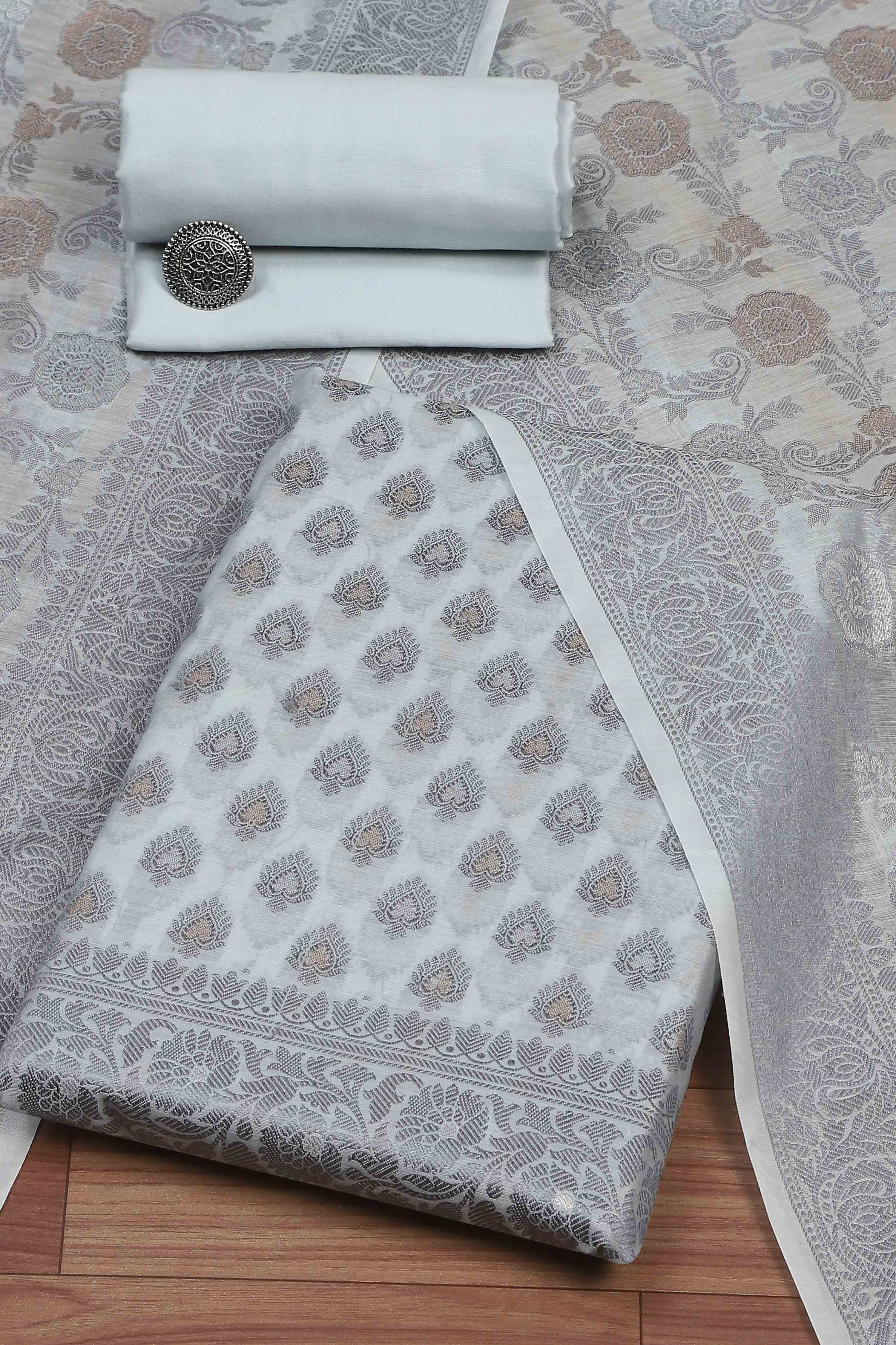 Beige Cotton Printed Embroidered Unstitched Suit Set image number 0