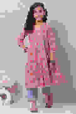 Slate Blue Cotton Anarkali Suit Set image number 0