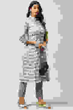 White Printed Cotton A-Line Kurta Slim Pants Suit Set image number 6