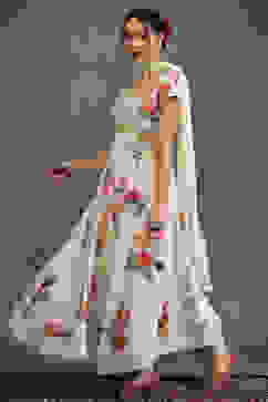 Rohit Bal Cream-Colored Silk Chanderi Floral Printed Anarkali Suit Set image number 3