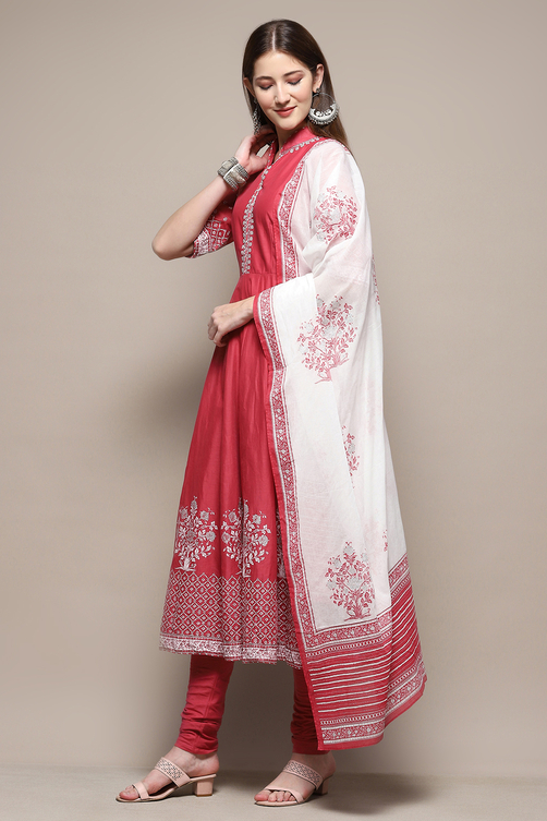 Black Cotton Anarkali Printed Kurta Churidar Suit Set image number 4