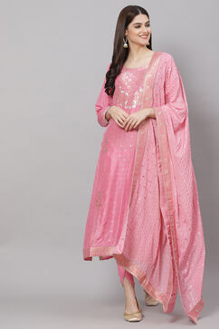 Light Brown Silk & Tussar Machine Embroidered Unstitched Suit Set image number 4