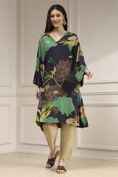 Charcoal Viscose Rayon A-Line Printed Kurta image number 4