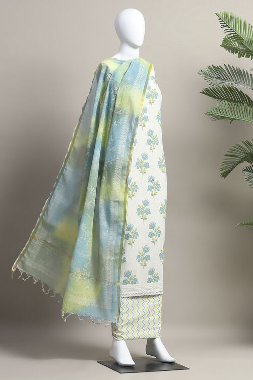 Beige-Blue Cotton Unstitched Suit Set image number 4