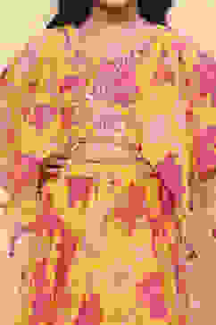 Yellow and Pink Georgette Floral Flared Lehenga Set image number 1