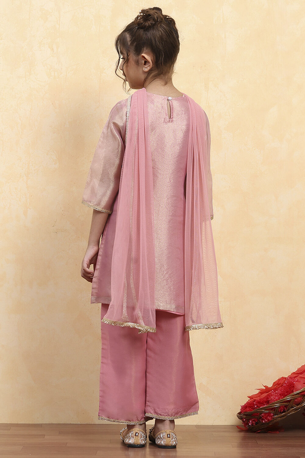 Baby Pink Tissue Solid Straight Suit Set image number 4