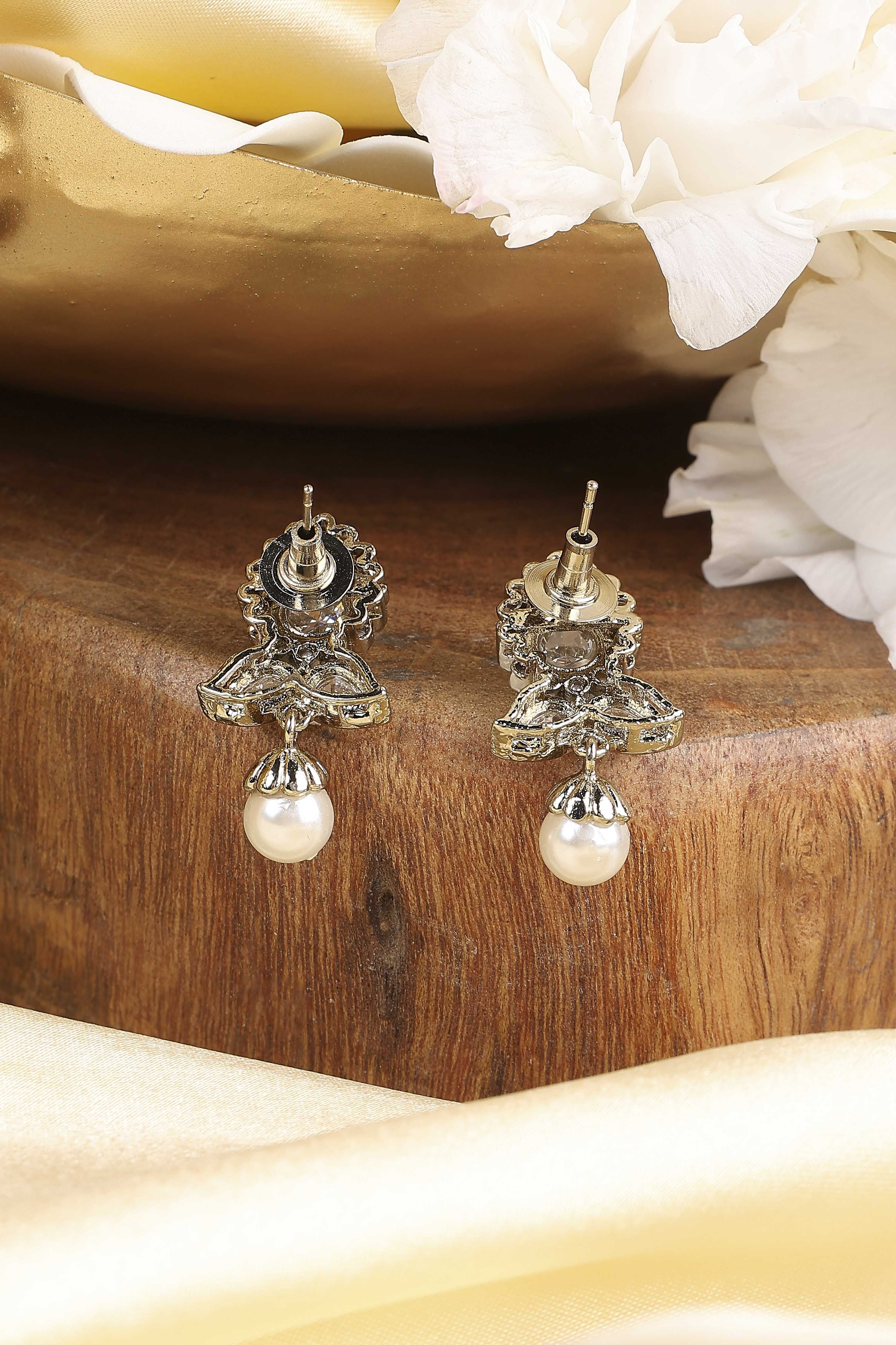 Silver Toned Gold Plated Brass Studded Drop Earrings image number 2