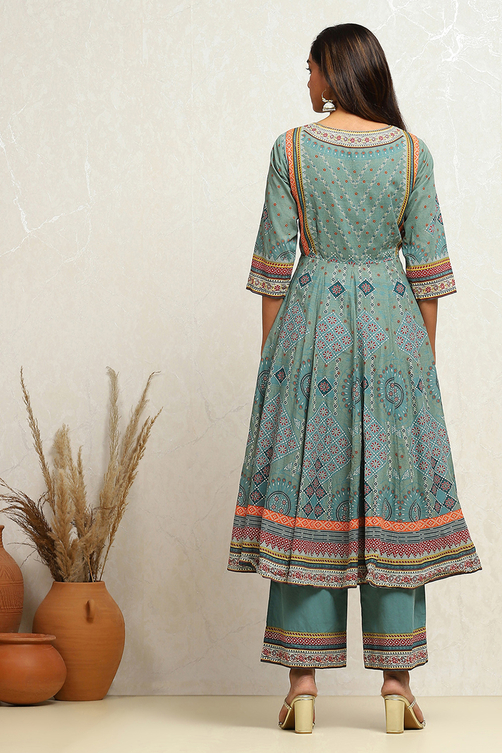 Ecru Cotton Geometric Printed Anarkali Suit Set image number 4