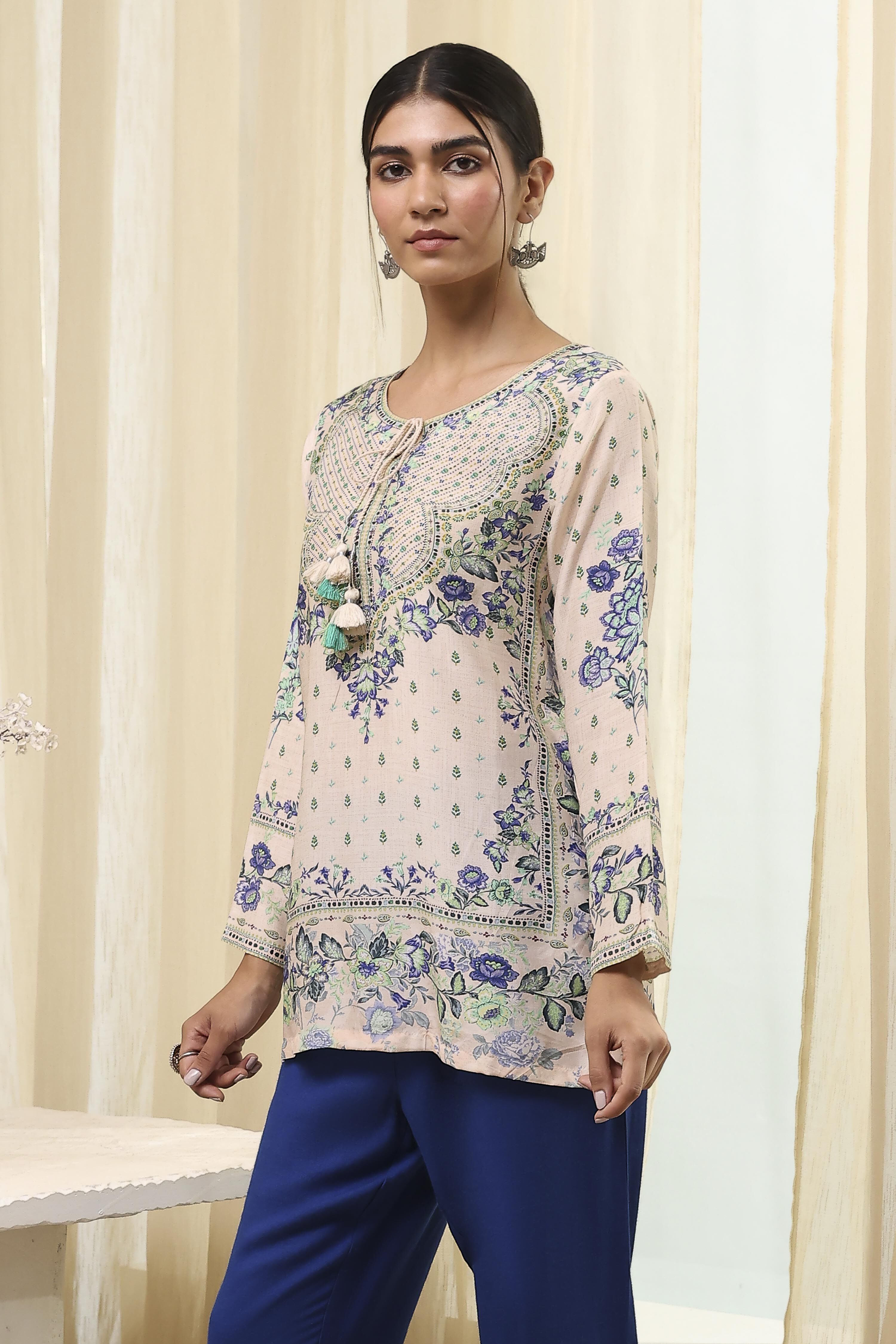 Off-White and Blue Modal Blend Straight Short Kurta image number 2