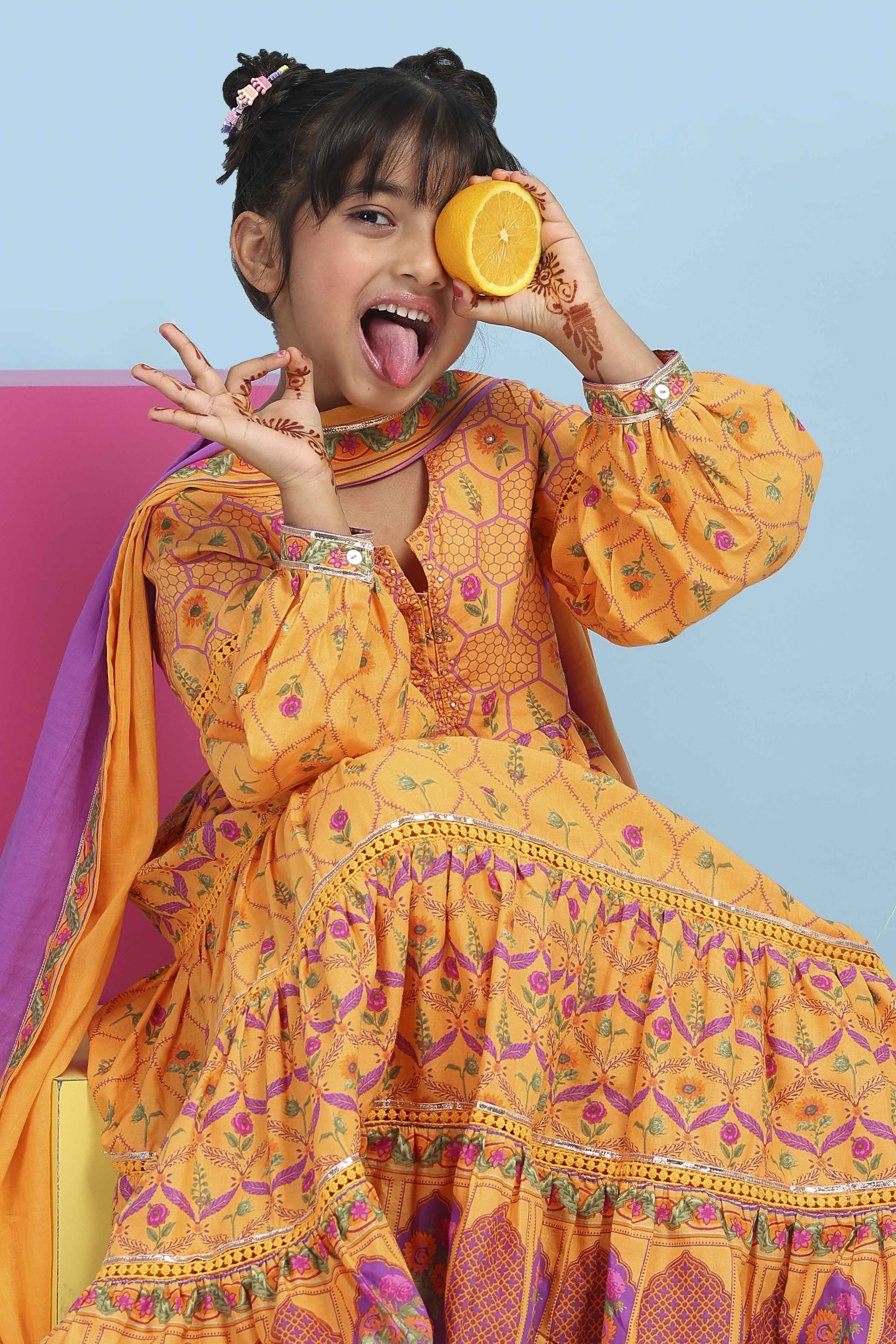 Orange Cotton Printed Tiered Suit Set image number 7