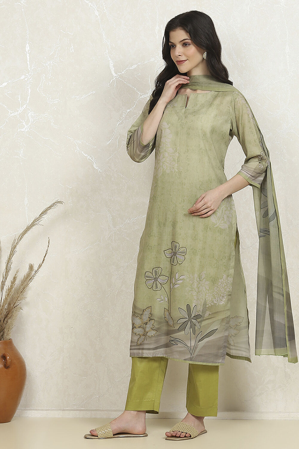 Green Cotton Printed Embroidered Unstitched Suit Set image number 4