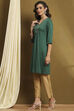 Bottle Green Solid Gathered Straight Kurta image number 2