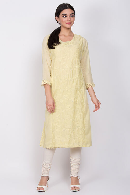 Yellow Cotton Chikankari Embroidered Kurta image number 0