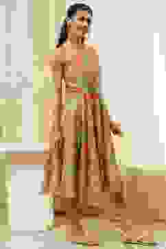 Green Cotton Blend Floral Printed Flared Dress image number 5