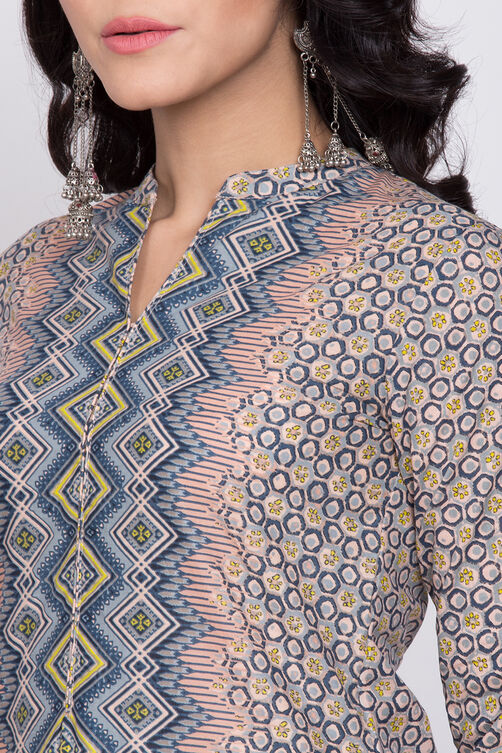 Peach Cotton Straight Printed Kurta image number 1