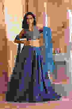 Teal Poly Dupion Silk Hand Zardozi Lehenga Set image number 3