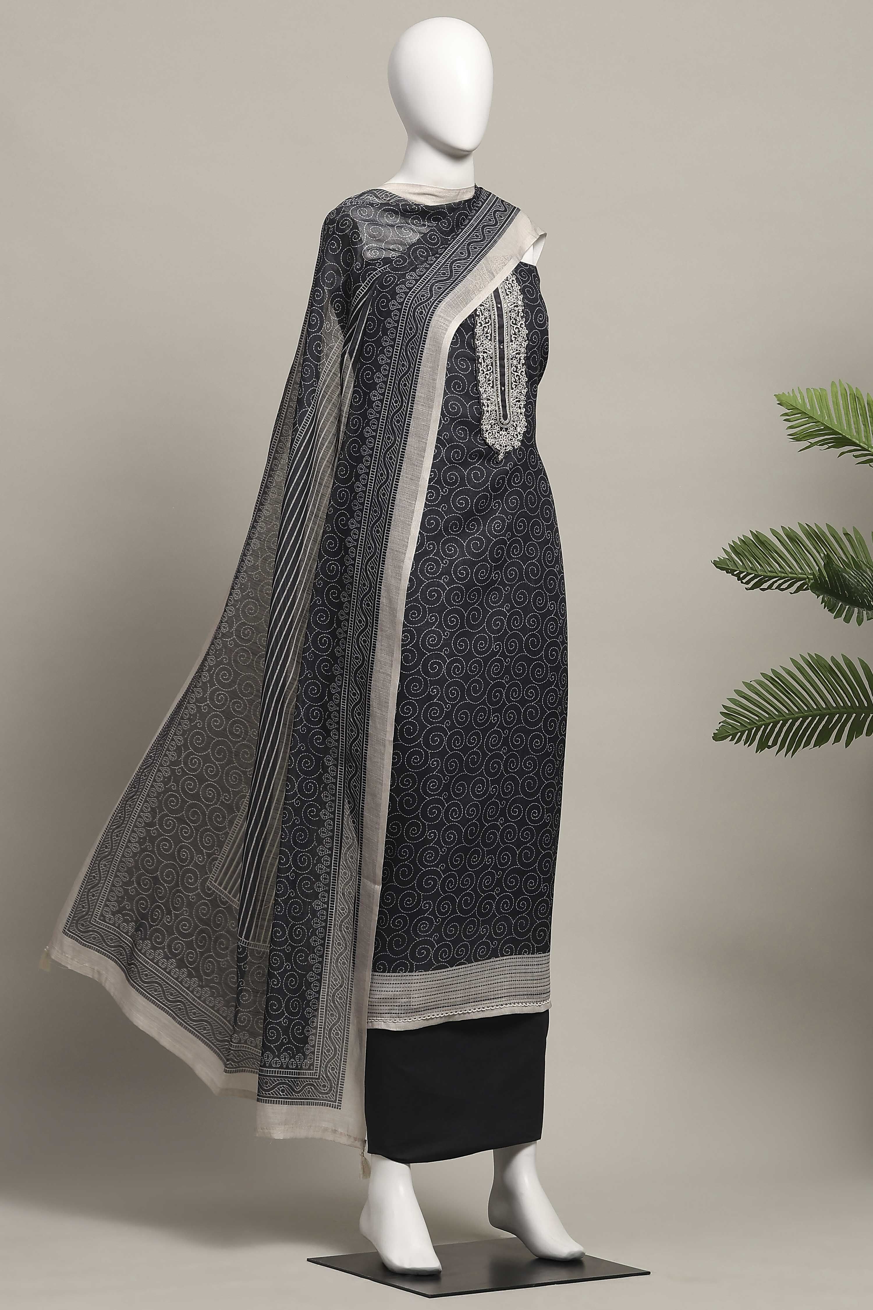 Green Black Linen Royal Swirl Jal Print Unstitched Suit Set image number 4