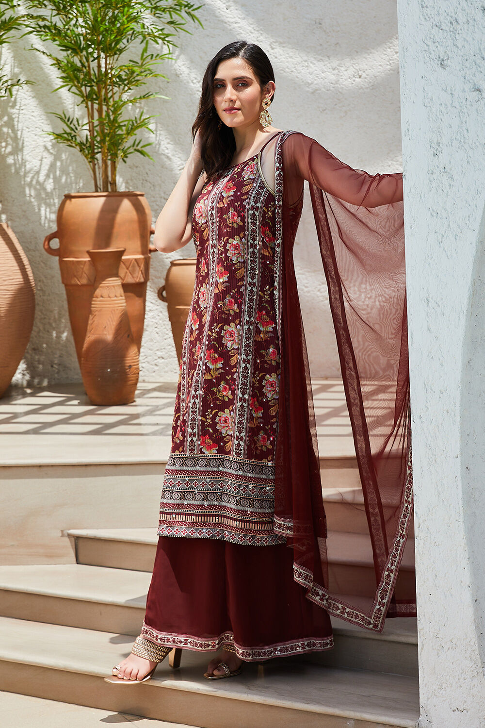 Maroon Printed Straight Kurta & Palazzo Suit Set image number 3