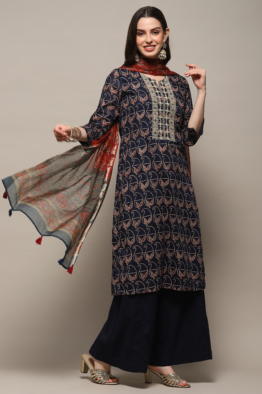 Indigo Cotton Blend Flared Kurta Palazzo Suit Set image number 6