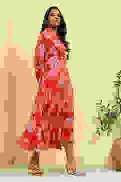 Red Floral Printed Shirt Style A-line Dress image number 4