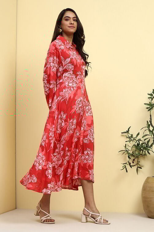 Blue Floral Printed Shirt Style A-line Dress image number 4