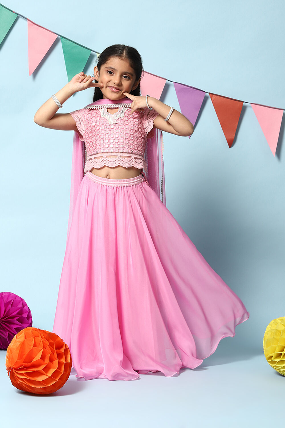 Bubble gum Pink Nylon Short Top Lehenga Set image number 7